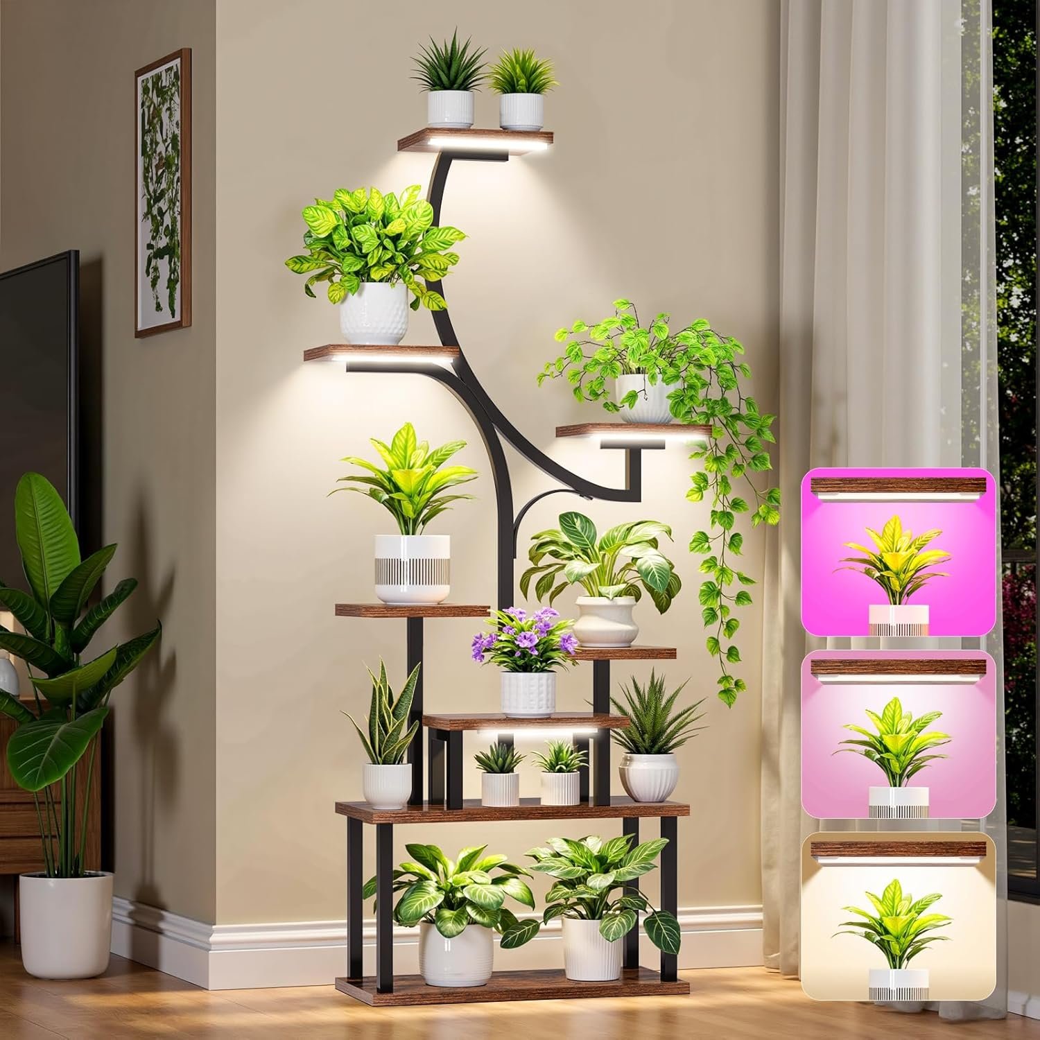 Beautifully styled ladder plant stand with various plants at different heights