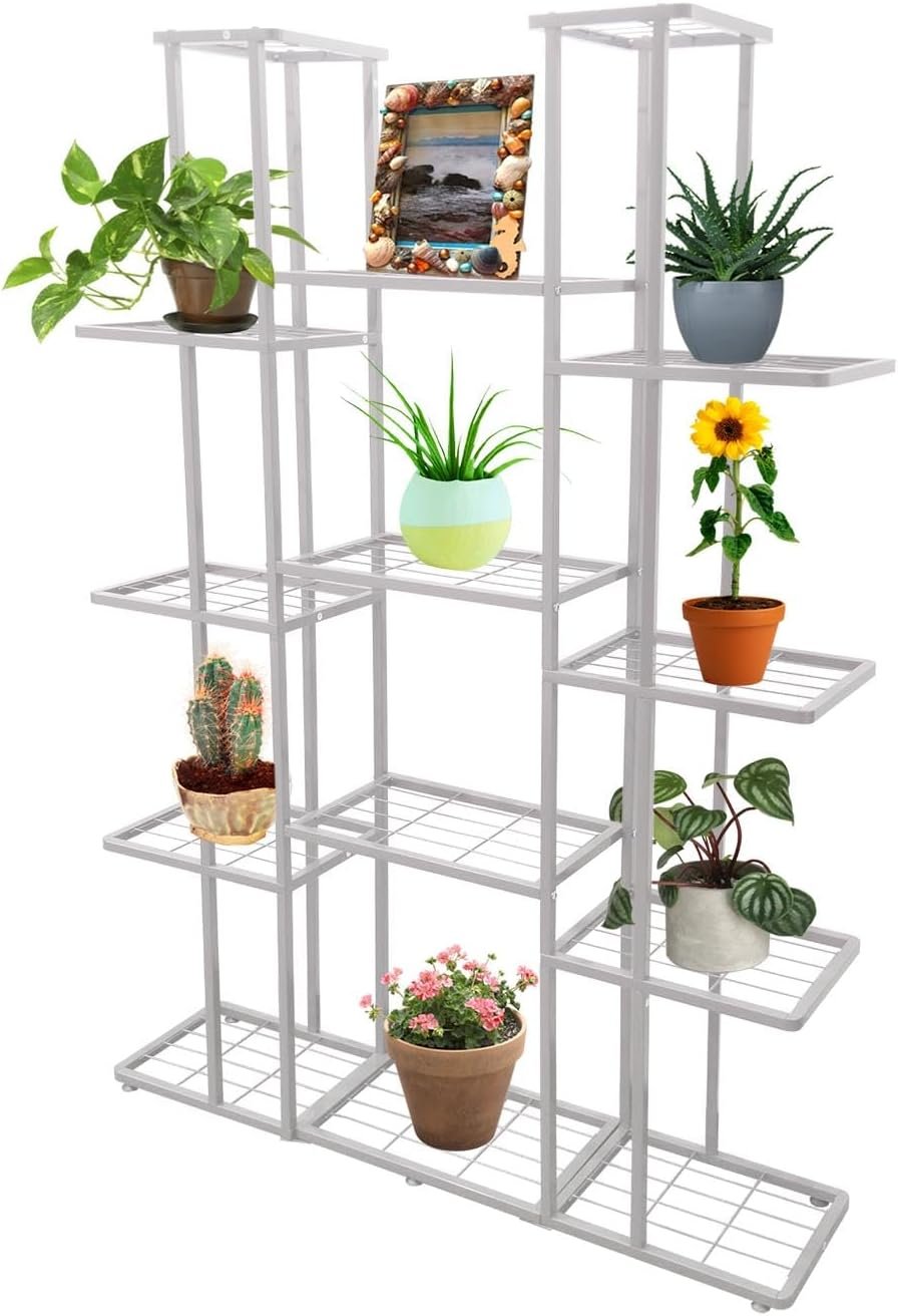 Multi-tier plant stand beautifully styled with flowers on patio