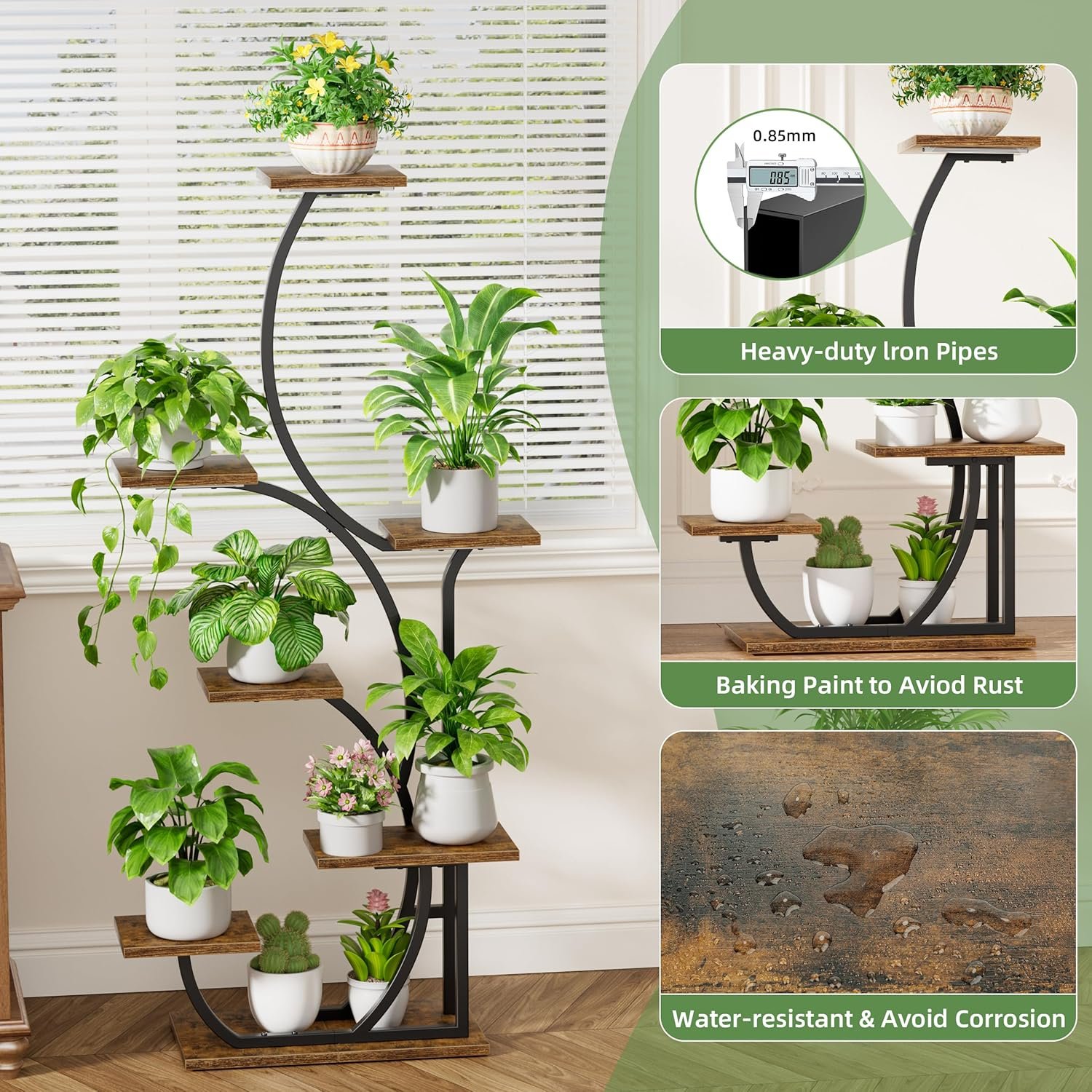 Various plants thriving on multi-tier grow light stand in living room