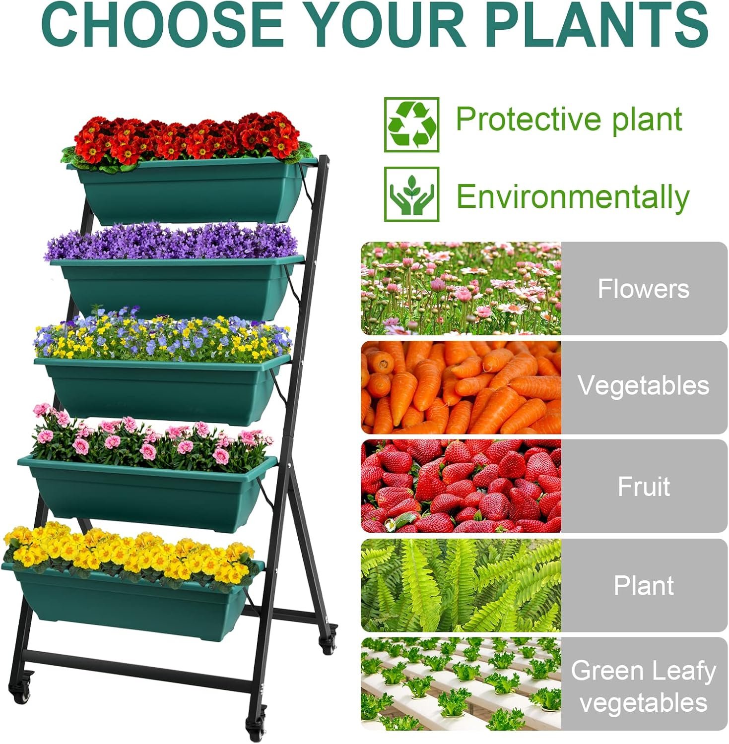 Full vertical garden planter with vegetables and flowers growing